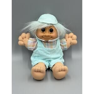 Vintage Russ Troll Kidz Plush Doll Boy with Teal Clothes Overalls 11”